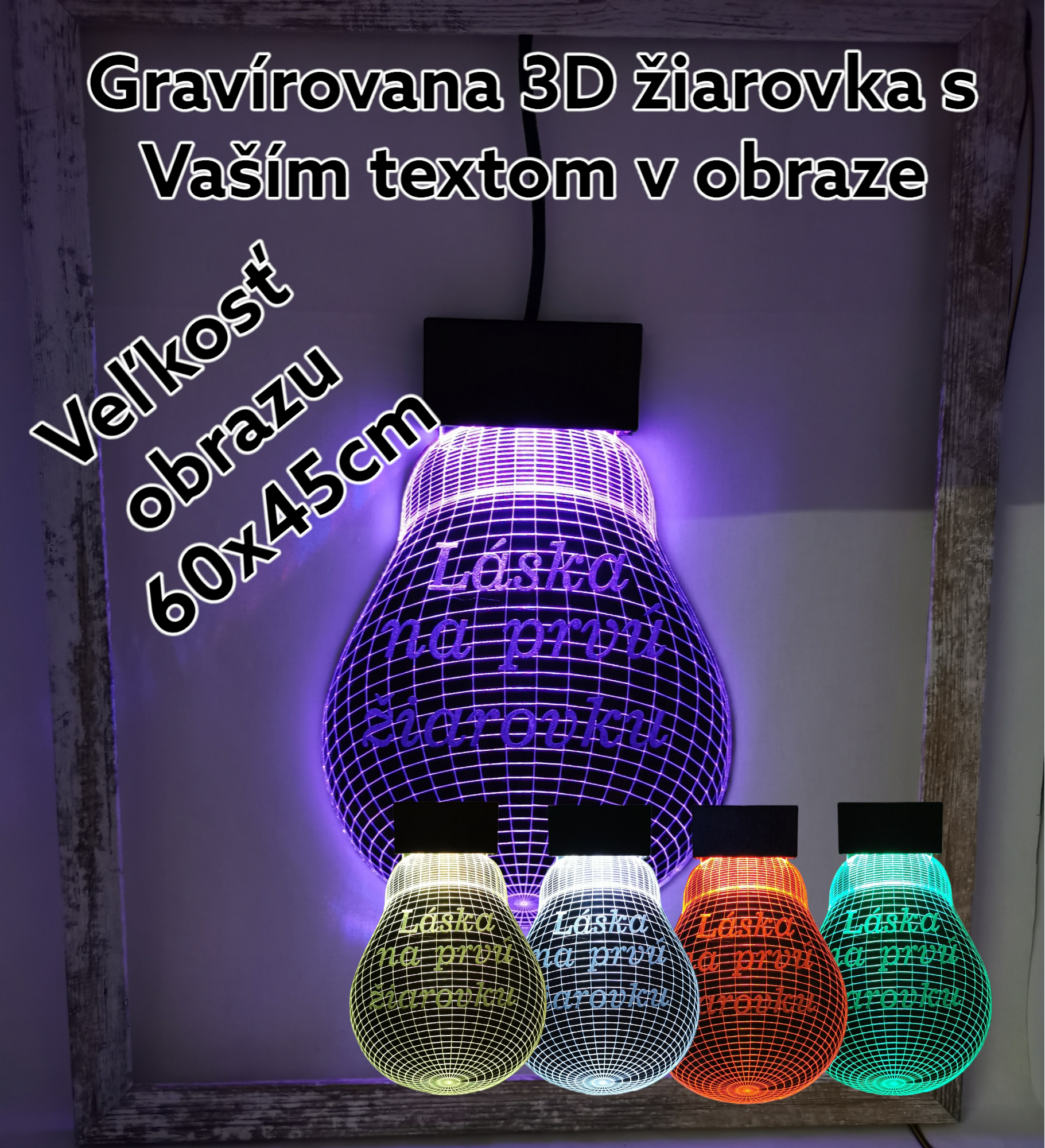 Gravírovana žiarovka s textom v ráme 60x45cm 