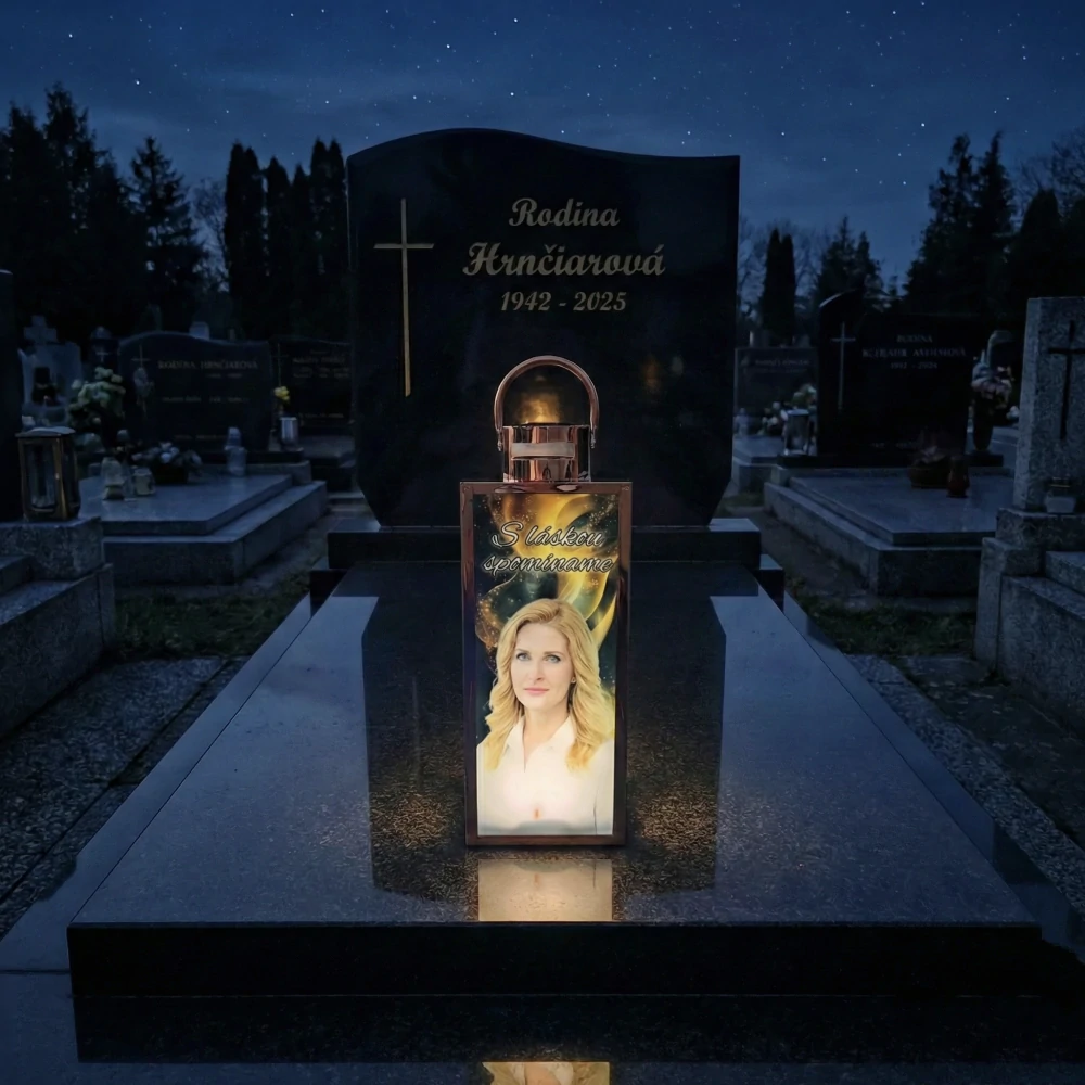 44cm OSVETLENÝ náhrobný svietnik s farebnou fotografiou na solárne nabíjanie 